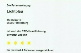 Unsere Ferienwohnung wurde mit 4 von 5 mglichen Sternen ausgezeichnet 
						(Klassifizierung von Ferienhusern/-wohnungen nach den Kriterien des Deutschen Tourismusverbandes).